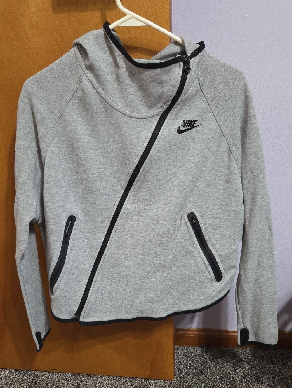 Nike Women's Light Grey Asymmetrical Bomber Jacket with Black Trim